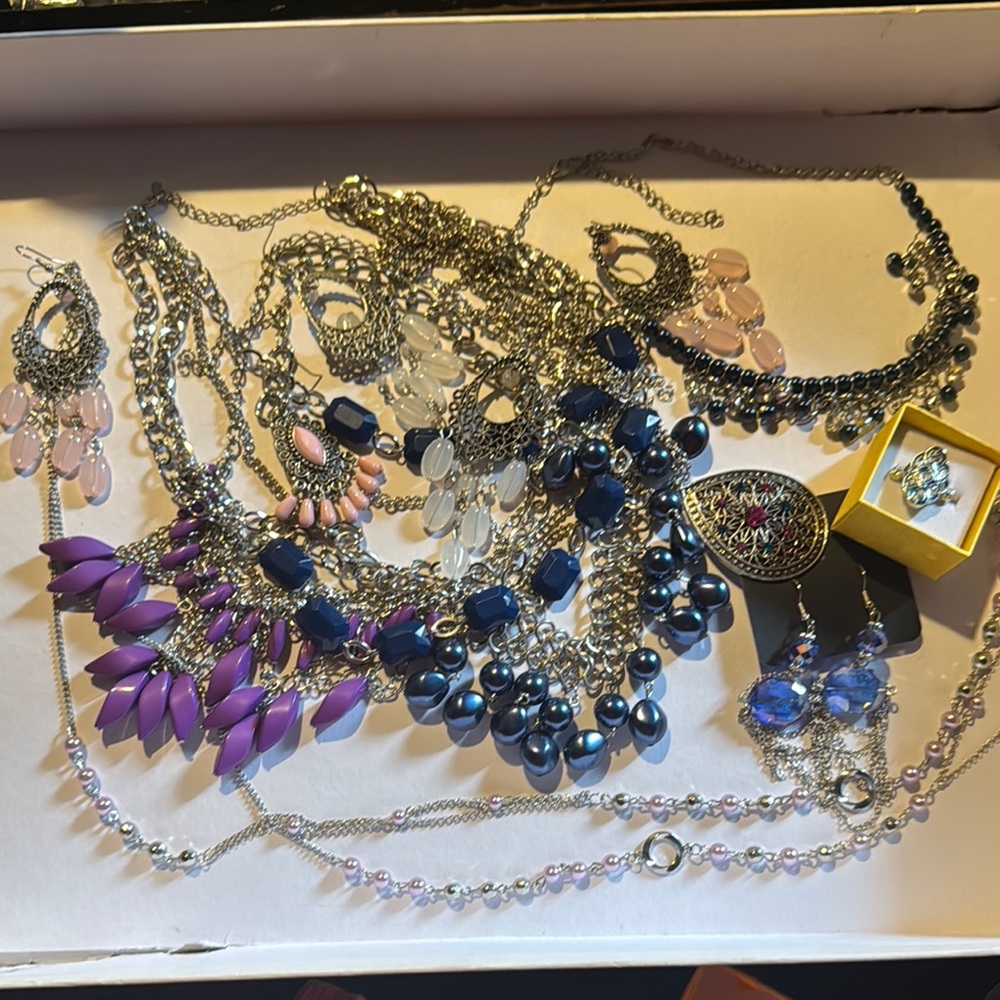 Elegant Blue and Silver Necklace Set. Mystery bag/jar.